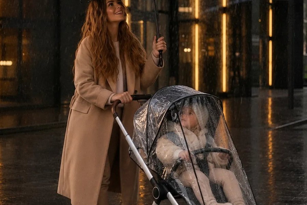 Мама с коляской под зонтом на вечерней улице в дождь